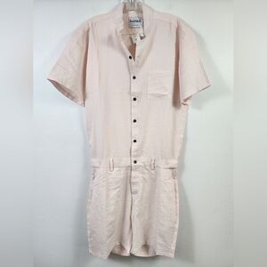 NWT Romperack Pink Pinstrip Short Sleeve Button Front Shorts Jumpsuit, sz MD